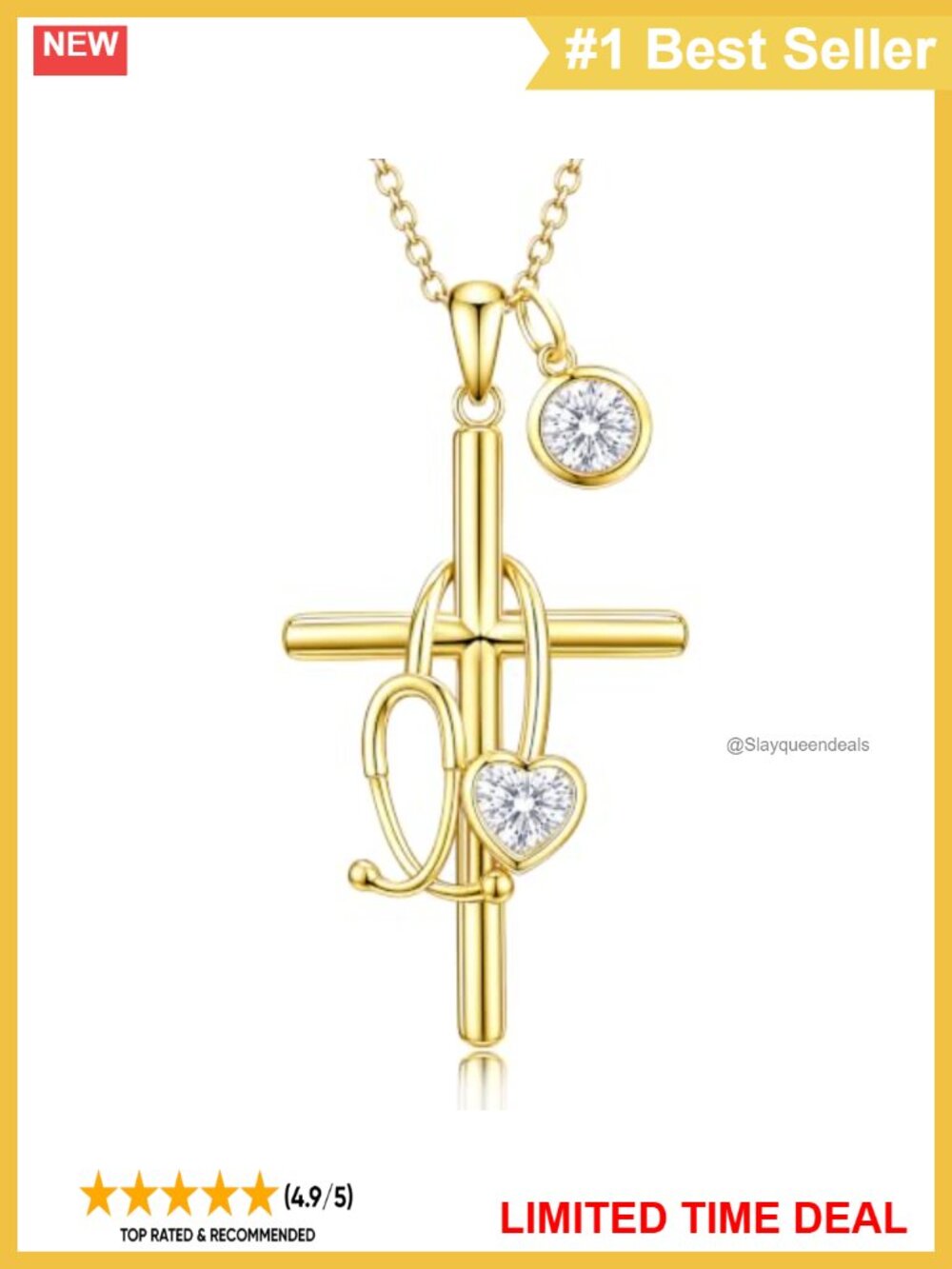 14K Gold Plated Cross Stethoscope Necklace 20" Nurse Birthstone Pendant
